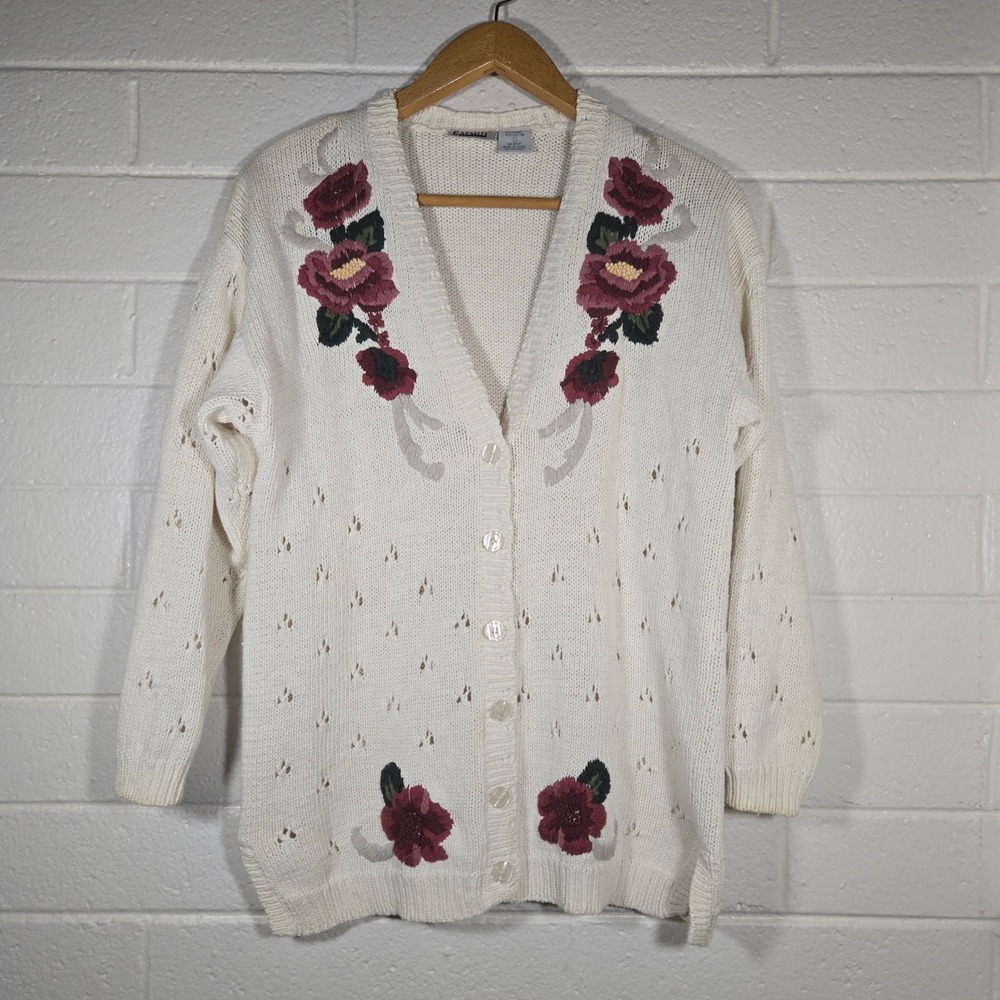 Vtg Capacity Floral Embroidered Cardigan Sweater Large Cream‎ Pointelle Knit 90s